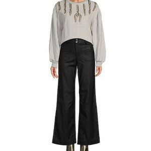 Knit Embellished Beaded Crew Neck Dropped Long Puff Sleeve Pullover Sweatshirt